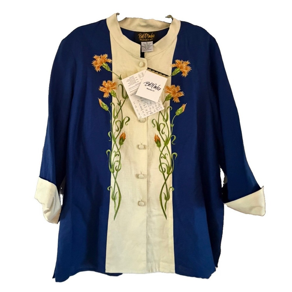 NWT Bob Mackie Linen Wearable Art Womens Cottagecore Embroidered Flower Button